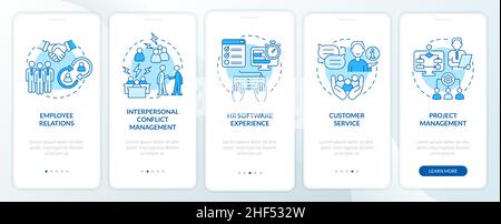 Skills for human resources manager blue onboarding mobile app screen Stock Vector