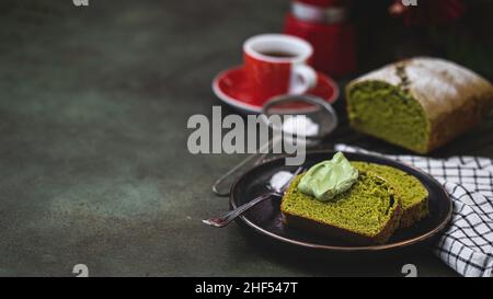 Matcha tea cupcakes. Delicious dessert for tea or coffee time. Japanese matcha green tea. Selective focus Stock Photo