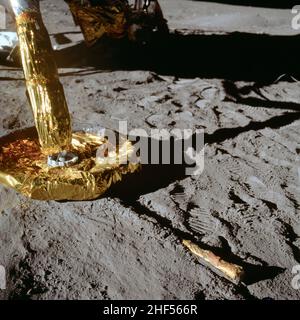 A close-up view of a footpad of the Apollo 11 Lunar Module as it rested on the surface of the Moon. NASA. Stock Photo