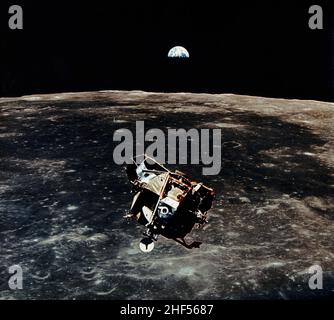 The Apollo 11 Lunar Module ascent stage is photographed from the ...