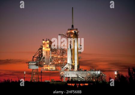 The space shuttle Atlantis on launch pad 39a of the NASA Kennedy Space Center shortly after the rotating service structure was rolled back. 2009. Stock Photo