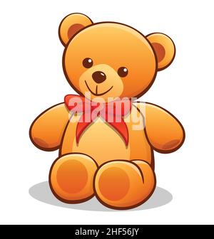 Simple cute classic golden brown cartoon teddy bear character sitting wearing red bow vector isolated on white background Stock Vector