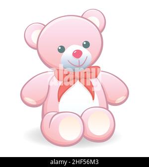 simple classic cute pink cuddly cartoon teddy bear with bow vector isolated on white background Stock Vector
