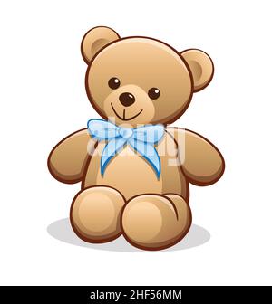 simple classic cute cartoon brown plush teddy bear with baby blue bow sitting vector isolated on white background Stock Vector