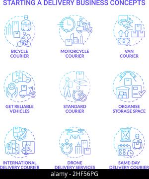 Starting delivery business blue gradient concept icons set Stock Vector