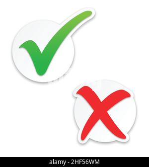 classic stylish green tick check mark and red cross mark in round boxes circles vector set isolated on white background Stock Vector