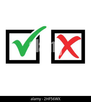 stylish green tick check mark and red cross mark in black square boxes vector set isolated on white background Stock Vector