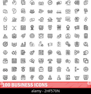 100 business icons set. Outline illustration of 100 business icons vector set isolated on white background Stock Vector