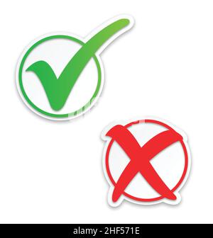 stylish green tick check mark and red cross mark in round boxes circles vector isolated on white background Stock Vector