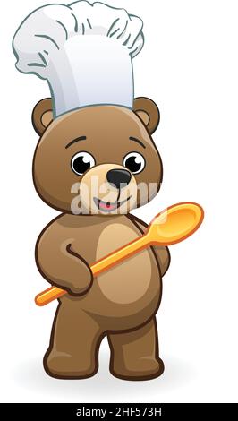 cute cartoon teddy bear chef baker character with toque chefs hat and holding wooden spoon vector isolated in white background Stock Vector