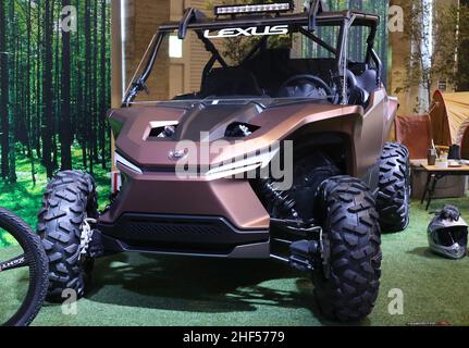 Chiba, Japan. 14th Jan, 2022. Japan's automobile giant Toyota Motor displays Lexus brand's 4-wheel all-terrain vehicle (ATV) 'ROV Concept' powered by hydrogen engine at the Tokyo Auto Salon in Chiba, suburban Tokyo on Friday, January 14, 2022. An annual custom car show started a three-day live event for the first time in two years. Credit: Yoshio Tsunoda/AFLO/Alamy Live News Stock Photo