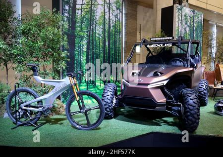 Chiba, Japan. 14th Jan, 2022. Japan's automobile giant Toyota Motor displays Lexus brand's 4-wheel all-terrain vehicle (ATV) 'ROV Concept' powered by hydrogen engine at the Tokyo Auto Salon in Chiba, suburban Tokyo on Friday, January 14, 2022. An annual custom car show started a three-day live event for the first time in two years. Credit: Yoshio Tsunoda/AFLO/Alamy Live News Stock Photo