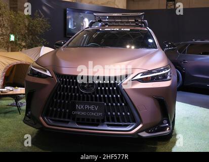 Chiba, Japan. 14th Jan, 2022. Japan's automobile giant Toyota Motor displays Lexus brand's sport-utility vehicle (SUV) 'NX PHEV Offroad' powered by plug-in hybrid engine at the Tokyo Auto Salon in Chiba, suburban Tokyo on Friday, January 14, 2022. An annual custom car show started a three-day live event for the first time in two years. Credit: Yoshio Tsunoda/AFLO/Alamy Live News Stock Photo