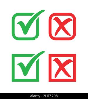 classic stylish green tick check mark and red cross mark in rounded square boxes checkbox set vector isolated on white background Stock Vector
