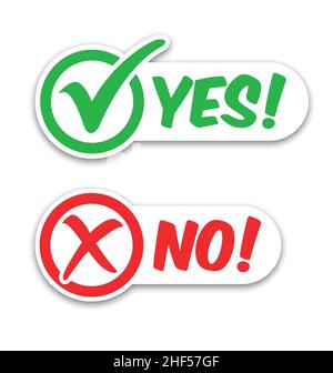 stylish green tick check yes mark and red cross no mark labels stickers isolated on white background vector set Stock Vector