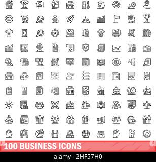 100 business icons set. Outline illustration of 100 business icons vector set isolated on white background Stock Vector