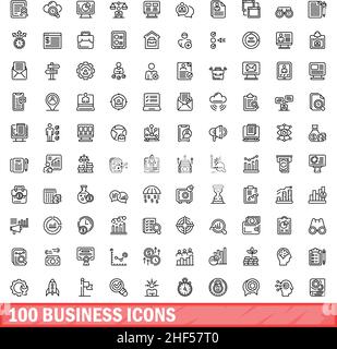 100 business icons set. Outline illustration of 100 business icons vector set isolated on white background Stock Vector