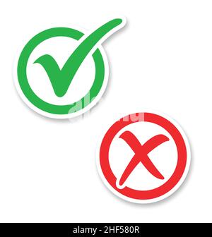 classic stylish green tick check mark and red cross mark in round boxes circles vector set isolated on white background Stock Vector