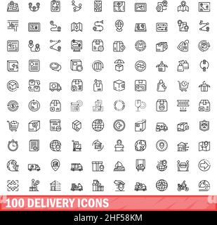 100 delivery icons set. Outline illustration of 100 delivery icons vector set isolated on white background Stock Vector
