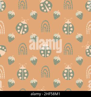 Cute ladybird, dotted rainbow, strawberry seamless vector pattern background.Ladybugs with strawberries and rainbows on white backdrop. Fun gender Stock Vector