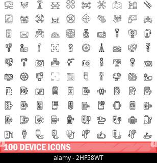 100 device icons set. Outline illustration of 100 device icons vector set isolated on white background Stock Vector