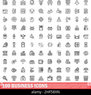100 business icons set. Outline illustration of 100 business icons vector set isolated on white background Stock Vector