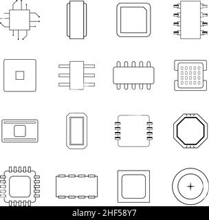 Computer chips set icons in outline style isolated on white background Stock Vector