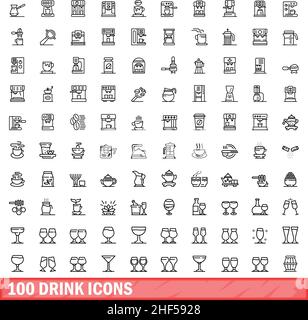 100 drink icons set. Outline illustration of 100 drink icons vector set isolated on white background Stock Vector