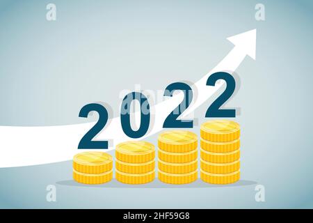 Money growth icon in flat style. 2022 budget vector illustration on isolated background. Finance strategy sign business concept. Stock Vector