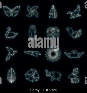 Origami icons set. Illustration of 16 origami vector icons neon color on black Stock Vector