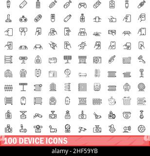 100 device icons set. Outline illustration of 100 device icons vector set isolated on white background Stock Vector