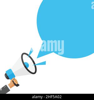 Hand holding megaphone icon in flat style. Promotion banner vector illustration on isolated background. Loudspeaker announce sign business concept. Stock Vector