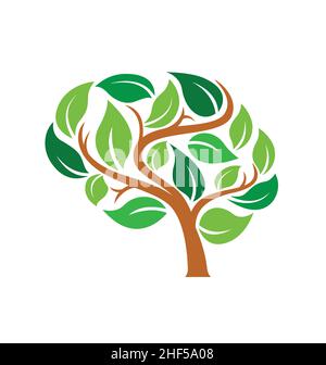 stylized brain tree silhouette logo icon symbol green and brown isolated on white background Stock Vector