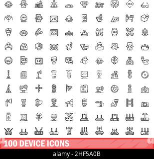 100 device icons set. Outline illustration of 100 device icons vector set isolated on white background Stock Vector