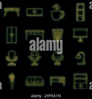 Office furniture interior icons set. Illustration of 16 office furniture interior vector icons neon color on black Stock Vector