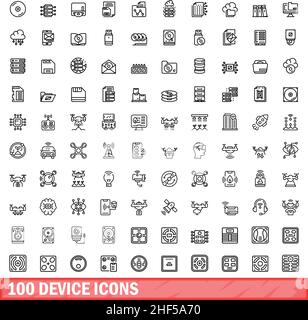 100 device icons set. Outline illustration of 100 device icons vector set isolated on white background Stock Vector