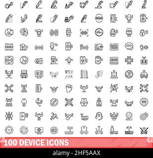 100 device icons set. Outline illustration of 100 device icons vector set isolated on white background Stock Vector