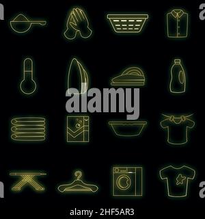 Laundry icons set. Illustration of 16 laundry vector icons neon color on black Stock Vector