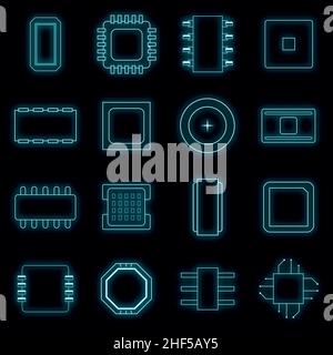 Computer chips icons set. Illustration of 16 computer chips vector icons neon color on black Stock Vector
