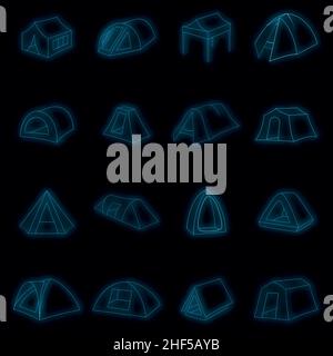 Tent forms icons set. Illustration of 16 tent forms vector icons neon color on black Stock Vector