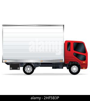 Short red transport delivery truck with blank side realistic vector isolated on white background Stock Vector