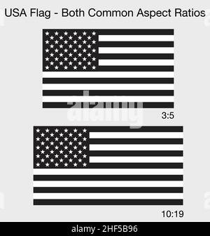 accurate correct black and white USA flags both common sizes aspect ratios vector illustration Stock Vector