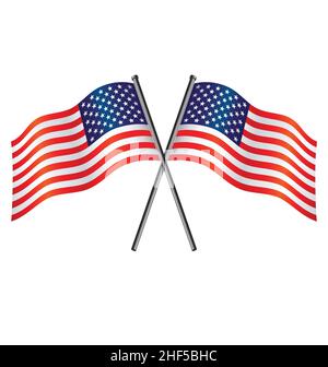 twin crossed USA american flags flying waving on flag poles silk vector isolated on white background Stock Vector