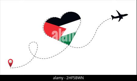 Airplane flight route with Palestine flag inside the heart. Travel to your favorite country. Stock Vector
