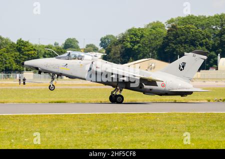 Italian Air Force AMX International AMX/A-1 jet plane MM7115, 32-23, of 32 Stormo, landing at RAF Fairford for RIAT airshow. Aeronautica Militare AMX Stock Photo