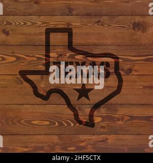 texas state lone star symbol branded burned on old rustic wood wall vector background Stock Vector