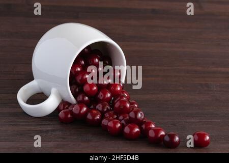 Berries of ripe cherries in a lying white porcelain mug on a dark wooden background. Horizontal photo. Stock Photo