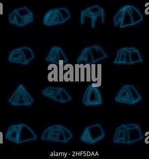 Tent forms icons set. Illustration of 16 tent forms vector icons neon color on black Stock Vector