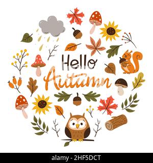 Colorful autumn card with seasonal leaves, twigs, mushrooms and little forest animals. Hand drawn vector illustration with isolated elements. Stock Vector