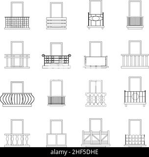Balcony window forms set icons in outline style isolated on white background Stock Vector